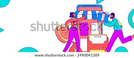 Holiday shopping people doing e-commerce online shopping flat vector concept operation hand drawn illustration
