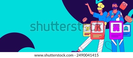 Holiday shopping people doing e-commerce online shopping flat vector concept operation hand drawn illustration
