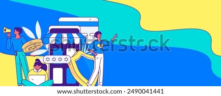 Holiday shopping people doing e-commerce online shopping flat vector concept operation hand drawn illustration
