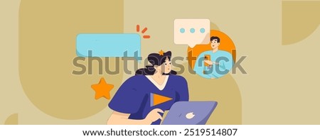 Virtual characters social communication concept business flat vector hand drawn illustration
