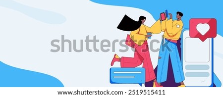 Virtual characters social communication concept business flat vector hand drawn illustration
