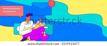 Virtual characters social communication concept business flat vector hand drawn illustration
