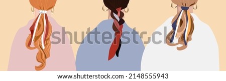 Set of Vector illustrations - fashionable hairstyle of a beautiful girls. The hair is stacked in the tail tied with a handkerchief. Hairstyles with a scarf. Multicolored elastic bands with red` yellow