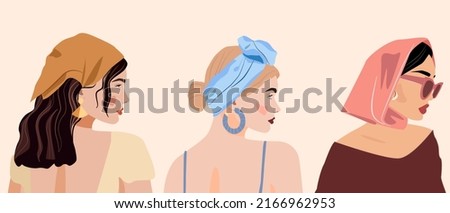 Woman is wearing kerchief. Bright colours. Hairstyles with a scarf. Different styles of summer hats and headscarves on girls. Headband, handkerchief, bandana. Stylish women's accessories headscarf