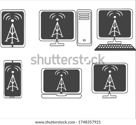 Set of vector icons laptop, smartphone, phone, tablet, monitor, candy bar, server, with the image on the screens of the sign of the telecommunication tower