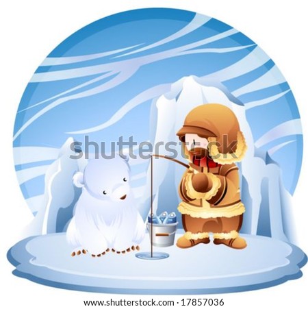 Jesus Christ and Christian - the Lord enjoy ice fishing with a cute young polar bear in the fishing ground on a background with beautiful blue sky and cold icy land : vector illustration