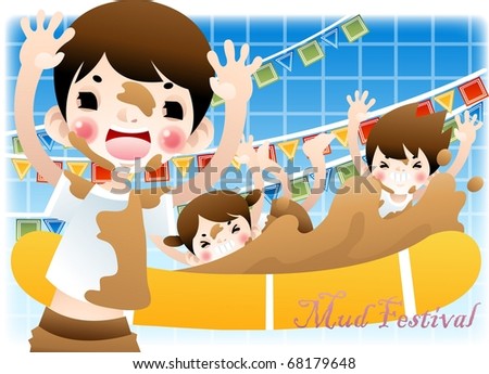Happy Event with Attractive People - playing with cheerful cute young children on a background of bright blue check patterns and colorful flags : vector illustration