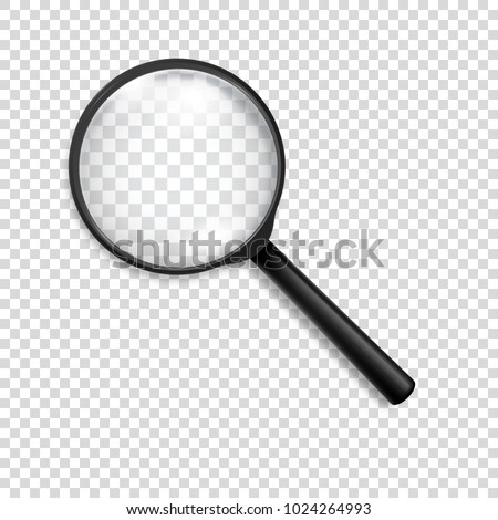 Photo-realistic vector 3d black magnifying glass or Loup icon closeup isolated on transparency grid background. Design template for graphics