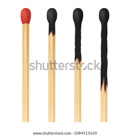 Vector 3d realistic colorful match stick icon set, closeup isolated on white background. Whole and burnt matchstick. Stages of burning the match. Symbol of ignition, burning and withering. Design