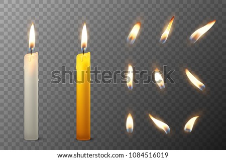 Vector 3d realistic white and orange paraffin or wax burning party candle and different flame of a candle icon set closeup isolated on transparency grid background. Design template, clipart for