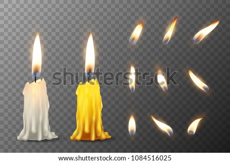 Vector 3d realistic white and orange paraffin or wax burning party candle or candle stump and different flame of a candle icon set closeup isolated on transparency grid background. Design template