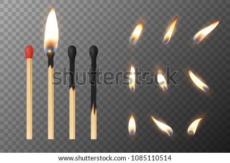 Vector 3d realistic match stick and different flame icon set, closeup isolated on transparency grid background. Whole and burnt matchstick. Stages of burning the match. Symbol of ignition, burning and
