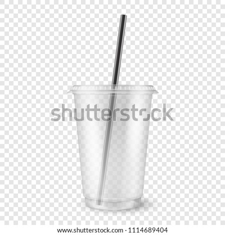 Vector realistic 3d empty clear plastic disposable cup with a straw closeup isolated on transparency grid background. Design template of packaging mockup for graphics - milkshake, tea, fresh juice