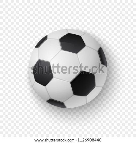 Vector realistic 3d white and black classic football soccer ball icon closeup isolated on transparency grid background. Design template for graphics, mockup. Top view