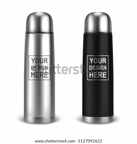 Vector realistic 3d empty glossy metal vacuum thermo tumbler flask icon set closeup on white background. Design template of packaging mockup for graphics. Front view