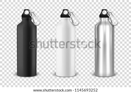 Vector realistic 3d black, white and silver empty glossy metal water bottle with black bung icon set closeup on transparency grid background. Design template of packaging mockup for graphics. Front