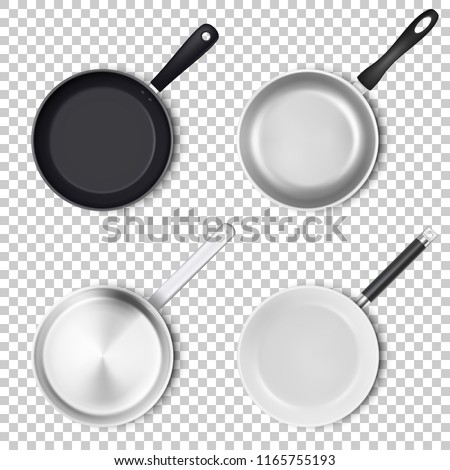 Vector realistic 3d empty black, silver, non-stick, enamel, white cover surface frying pan icon set in top view isolated on transparency grid background. Design template for graphics
