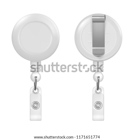 Vector realistic 3d white round reel holder clip for graphic Id Card badge set closeup isolated on white background. Front and back view. Design template for mockup