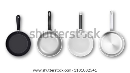 Vector realistic 3d empty black, silver, non-stick, enamel, white cover surface frying pan icon set in top view isolated on white background. Design template for graphics