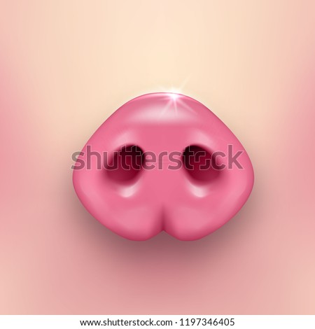 Vector realistic 3d pink funny pink pigs nose closeup on pig skin background. Cute farm animal body part element. Design element of small piglet for graphics, banners, postcards etc. New Year s