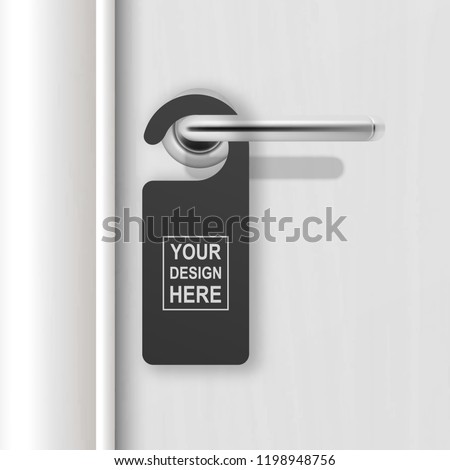Vector realistic paper black blank door hanger on white realistic wooden door with metal silver handle. Door hanger mockup. Design template. Full length door is in a clipping mask