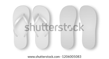 Vector Realistic 3d White Blank Empty Flip Flop Set Closeup Isolated on White Background. Design Template of Summer Beach Flip Flops Pair For Advertise, Logo Print, Mockup. Front and Back View