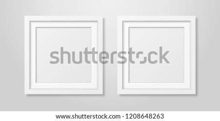 Two Vector Realistic Modern Interior White Blank Square Wooden Poster Picture Frame Mock-up Set Closeup on White Wall. Empty Poster Frames Design Template for Mockup, Presentation, Image or text