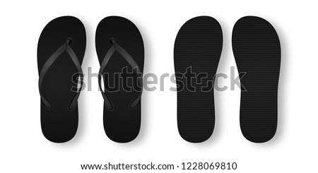 Vector Realistic 3d Black Blank Empty Flip Flop Set Closeup Isolated on White Background. Design Template of Summer Beach Flip Flops Pair For Advertise, Logo Print, Mockup. Front and Back View