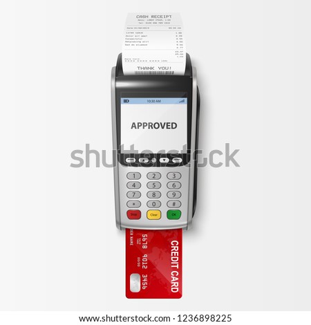 Vector Realistic Silver 3d Payment Machine. POS Terminal with Receipt and Credit Card Closeup Isolated on White Background. Design Template of Bank Payment Terminal, Mockup. payments device. Top View