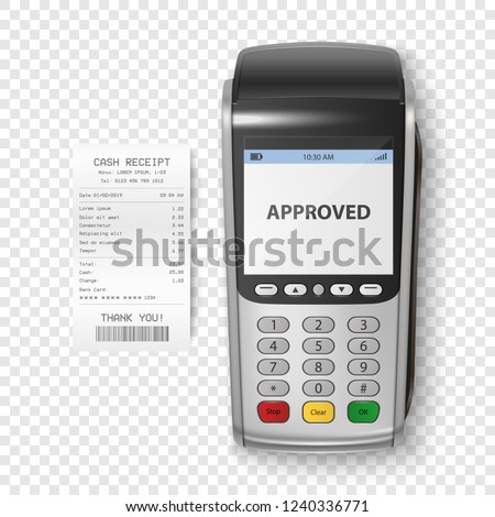 Vector Realistic Silver 3d Payment Machine. POS Terminal with Receipt Closeup Isolated. Design Template of Bank Payment Terminal, Mockup. Processing NFC payments device. Top View