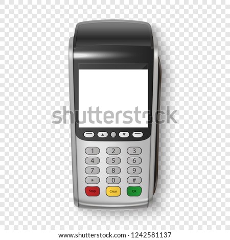 Vector Realistic Silver 3d Payment Machine. POS Terminal Closeup Isolated on Transparency Grid Background. Design Template of Bank Payment Terminal, Mockup. Processing NFC payments device. Top View