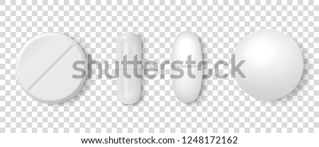 Vector 3d Realistic White Medical Pill Icon Set Closeup Isolated on Transparency Grid Background. Design template of Pills, Capsules for graphics, Mockup. Medical and Healthcare Concept. Top View Stock fotó © 