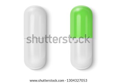 Vector 3d Realistic White and Green Medical Pill Icon Set Closeup Isolated on White Background. Design template of Pills, Capsules for graphics, Mockup. Medical and Healthcare Concept. Top View