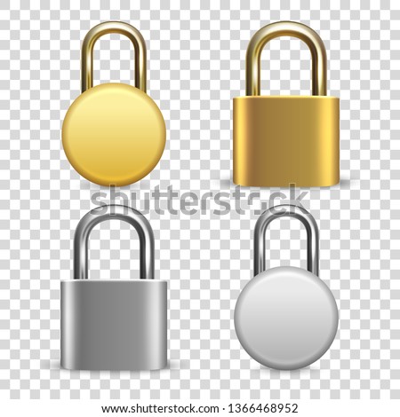 Vector 3d Realistic Closed Metal Golden and Silver Padlock Icon Set Closeup Isolated on Transparent Background. Design Template of Gold, Steel Lock for Protection Privacy, Web and Mobile Apps, Logo