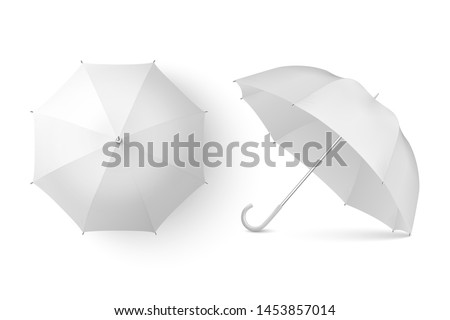 Vector 3d Realistic Render White Blank Umbrella Icon Set Closeup Isolated on White Background. Design Template of Opened Parasols for Mock-up, Branding, Advertise etc. Top and Front View