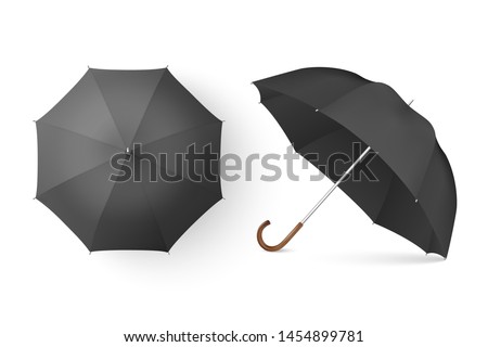 Vector 3d Realistic Render Black Blank Umbrella Icon Set Closeup Isolated on White Background. Design Template of Opened Parasols for Mock-up, Branding, Advertise etc. Top and Front View