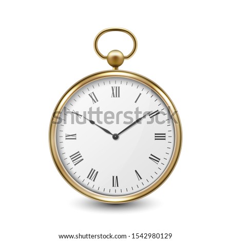3d Realistic Metal Golden Old Vintage Pocket Watch with Roman Numerals Icon Closeup Isolated on White Background. Antique Clock Face, Design Template, Stock Vector Illustration
