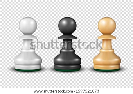 Vector 3d Realistic White, Black and Wooden Pawn Icon Set Isolated on Transparent Background. Design Template. Game Concept. Chess, Chessmen. Stock Illustration