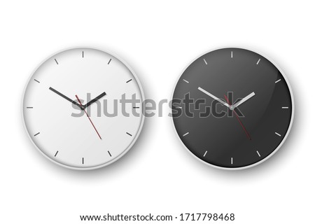 Vector 3d Realistic Simple White Round Wall Office Clock Set. White and Black Dial. Closeup Isolated on White Background. Design Template, Mock-up for Branding, Advertise. Front or Top View