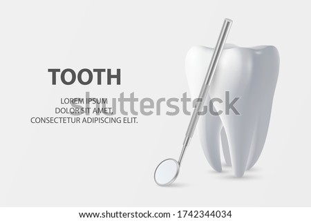 Dental Inspection Banner, Plackard. Vector 3d Realistic Dentist Mirror for Teeth with Tooth Icon Closeup on White Background. Medical Dentist Tool. Design Template. Dental Health Concept