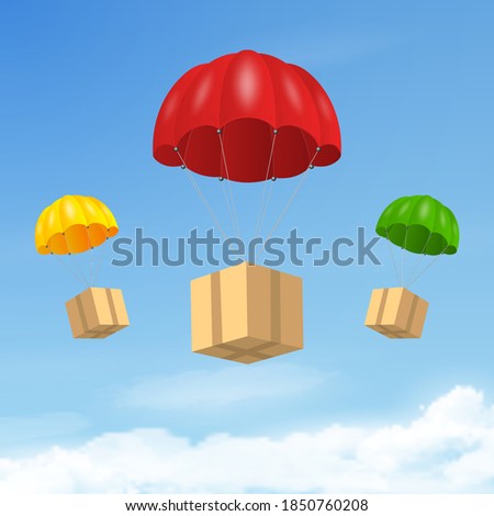 Vector 3d Realistic Red Flying Parachutes with Paper Cardboard Boxes on Blue Sky Background. Design Template for Delivery Services, Post, E-Commerce, Sport Concept, Web Banner, Mockup