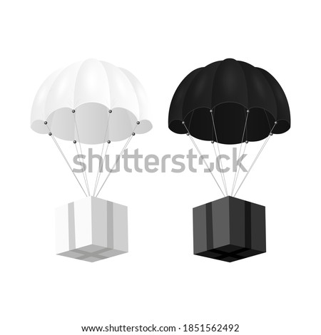 Vector 3d Realistic White, Black Parachute with Paper Cardboard Box Set Isolated on White. Design Template for Delivery Services, Post, E-Commerce, Sport Concept, Web Banner, Mockup. Front View
