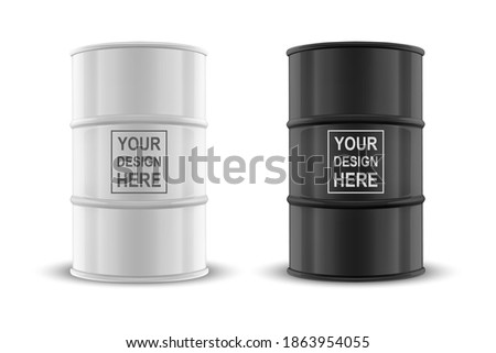 Vector 3d Realistic Illustration. White and Black Simple Glossy Metal Oil, Fuel, Gasoline Barrel Icon Set Isolated on White Background. Design Template of Packaging for Mockup. Front View