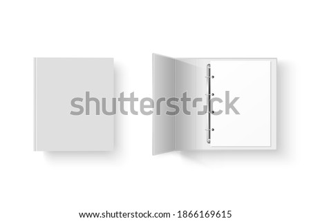 Vector 3d Closed and Opened Realistic White Blank, Empty Office Binder Set with Metal Rings for A4 Paper Sheet Closeup Isolated on White Background. Design Template, Mockup, Top View