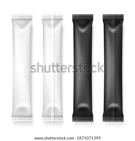 Vector 3d Realistic White and Black Long Slim Blank Packaging Set Isolated. Drugs, Coffee, Salt, Sugar, Pepper, Spices, Sachet, Candy Wrapper. Design Template of Packing for Mockup. Top View