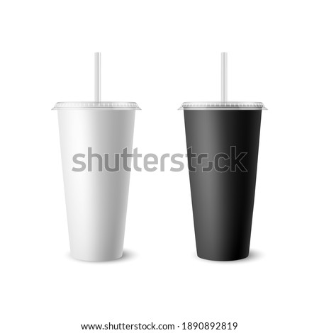 Vector 3d Realistic White, Black Paper Disposable Cup Set with Lid, Straw for Beverage, Drinks Isolated. Coffee, Soda, Tea, Cocktail, Milkshake. Design Template of Packaging for Mockup. Front View