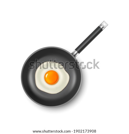 Vector 3d Realistic Black Frying Pan with with Fried Egg, Omelet Inside Isolated on White Background. Breakfast, Food Concept. Design Template, Mockup. Top View