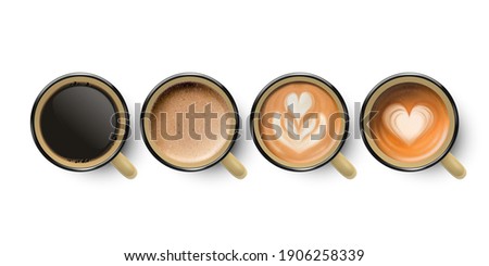 Vector 3d Realistic Enamel Metal Brown Mug with Black and Foam Milk Coffee Isolated on White Background. Capuccino, Latte, Espresso, Flower, Heart Pattern. Top View. Design Template for Mock up