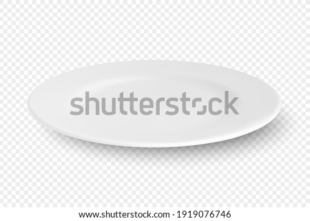 Vector 3d Realistic White Empty Porcelain, Ceramic Plate Icon Closeup Isolated on Transparent Background. Design Template for Mockup. Stock Vector Illustration. Front, Top, Side View