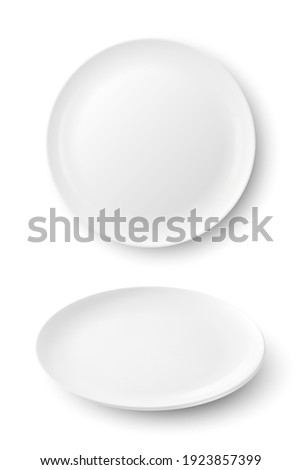Vector 3d Realistic White Food Empty and Blank Porcelain Ceramic Plate Icon Set Closeup Isolated on White Background. Design Template, Mock up. Front and Top View